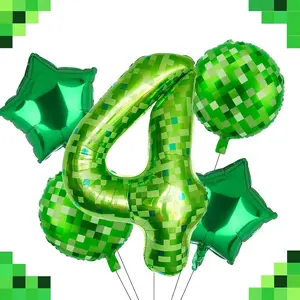 40-Inch Pixelated Green Number 4 Balloon Set Video Game Mining Theme for 4th Birthday Party