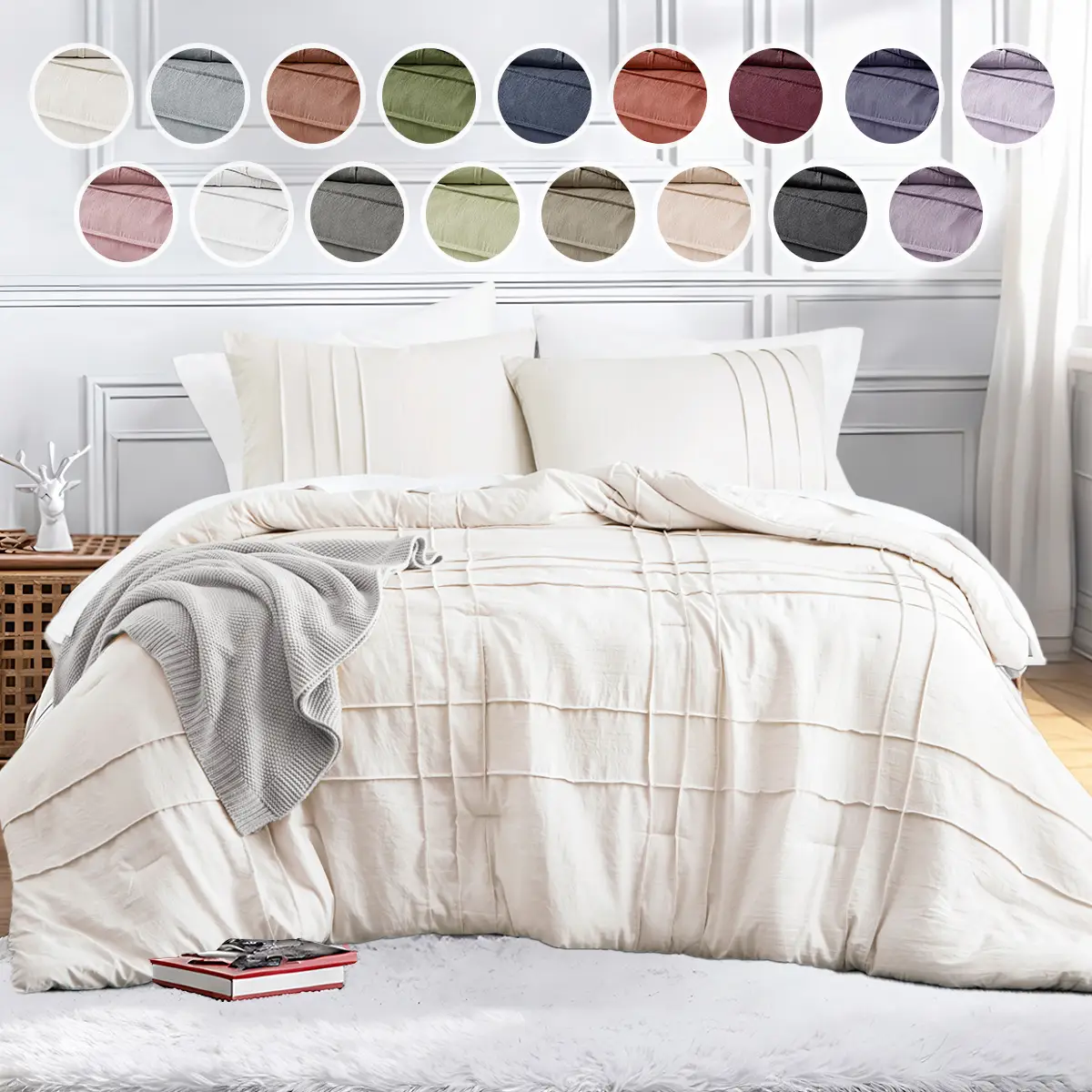 Soft Washed Pleated Comforter Set with Pintuck Pleated Design, Extra Softness Premium Microfiber Filling, All Season Lightweight, Stacie