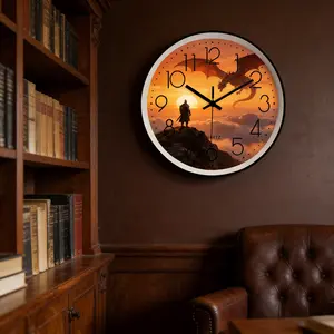 Medieval Fantasy Dragon Knight Wall Clock, Cloud Sea Sunrise Art Dial, Silent Sweep Second Hand, Living Room Bedroom Decorative Hanging Clock
