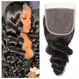 Loose Wave Lace Frontal in Transparent Swiss 4×4 Closure, Pre Plucked Brazilian Remy Human Hair - Perfect for Black Women's Everyday and Special Occasion Looks Braids Hairstyle Weave