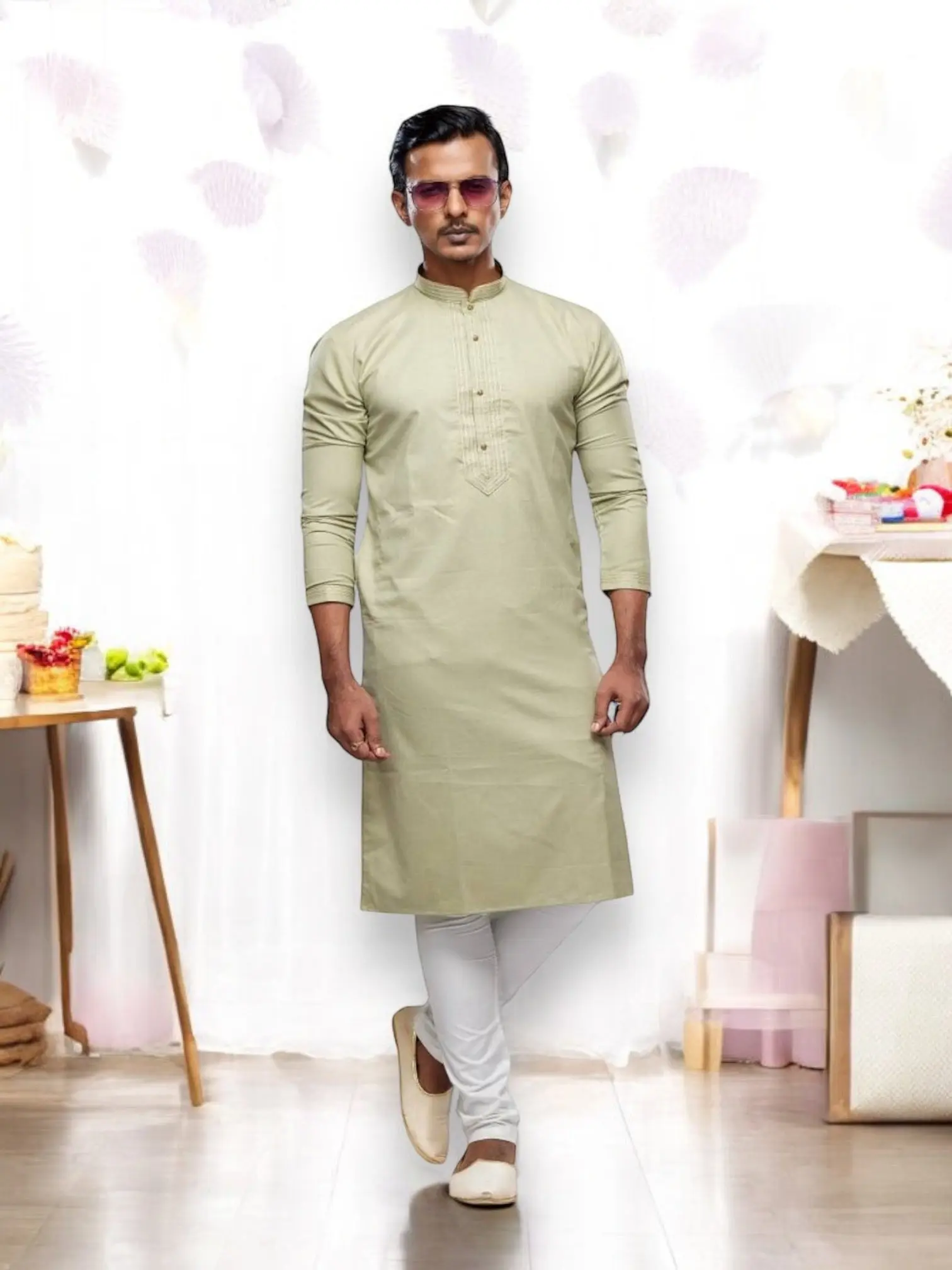 Pista Color Soft Plain Art Silk Kurta Pajama- Traditional Ethnic Wear for Mens- 2542