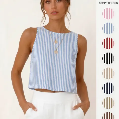 IDEALSANXUN Women's Cute High Neck Striped Soft Cotton Cropped Tank Top - 2026 Spring Summer Sleeveless Vest, Stylish Fit for Beach Casual Wear