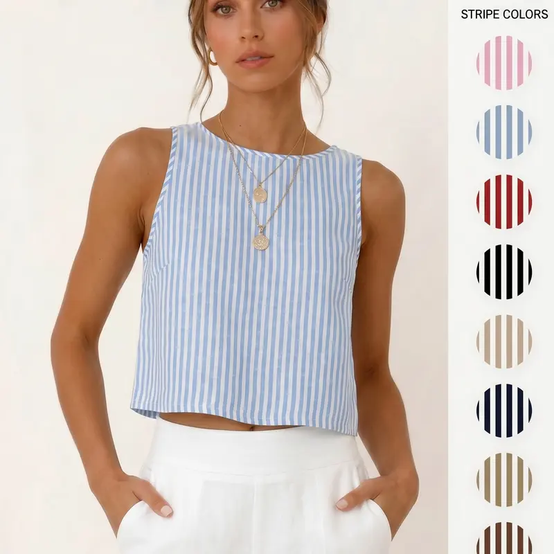 IDEALSANXUN Women's Cute High Neck Striped Soft Cotton Cropped Tank Top - 2026 Spring Summer Sleeveless Vest, Stylish Fit for Beach Casual Wear