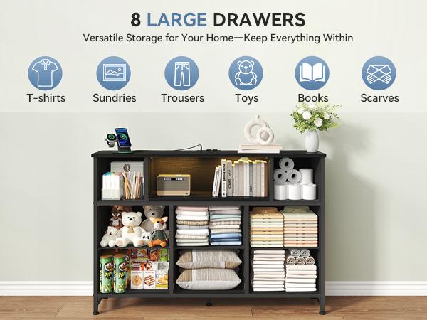 TV Stand Dresser with 8 Fabric Drawers, Media Console for 45-55 inch | LED Entertainment Center with Charging Station, Wood Top and Open Shelves, Bedroom