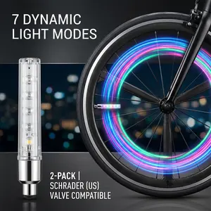 2Pk Waterproof LED Tire Lights (Schrader Valve), 7 Flash Modes Spoke Light for Night Safety, Cool Auto & Bike Gear Wireless RGB Aircraft Strobelights Universal Car