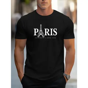 Men's Paris Eiffel Tower Graphic Tee - Casual Crew Neck, Short Sleeve T-Shirt with Stretch Fabric, Machine Washable - Summer Essential