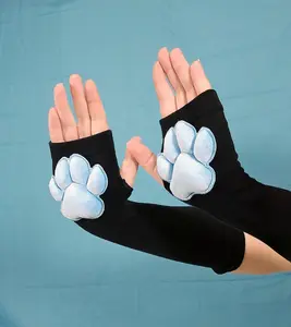 Plush Blue Mochi Paw Pads on Black Fingerless Gloves