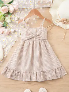Girls' Summer Plaid Halter Dress, 1-8 Years Old, Front Big Bow, Pleated Skirt Hem, Thin Straps, Breathable, Outdoor Picnic, Amusement Park
