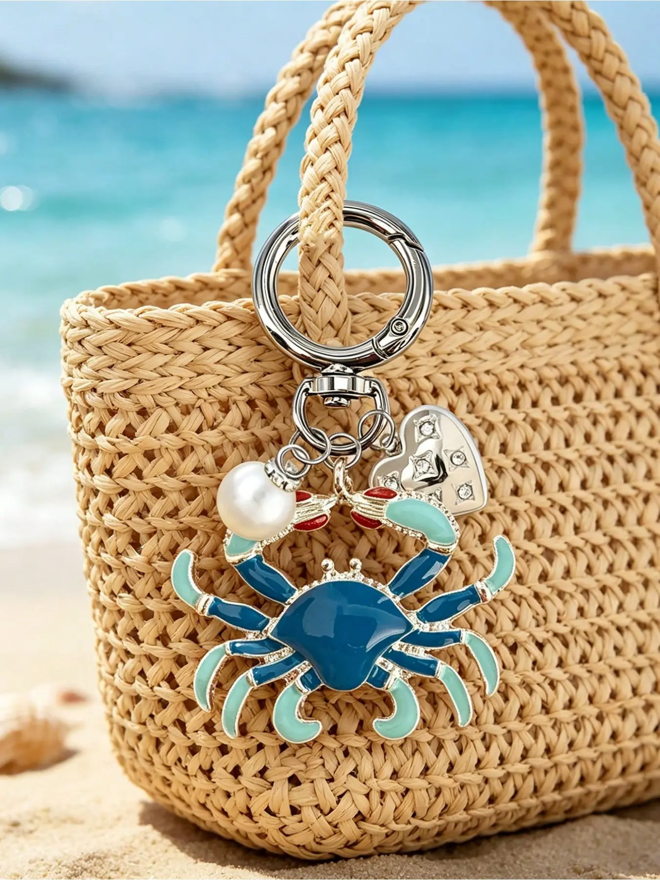 Hawaiian Style Crab Pearl Heart Alloy Keychain, Ocean Inspired, Unisex, Perfect Gift for Mother's Day, Father's Day, Independence Day, Beach Lovers