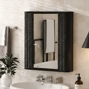ARCH Wall-Mounted Bathroom Mirror Cabinet with Metal Frame, Antique Black Powder-Coated Steel, Single Mirrored Door, Glass Shelf, Open Compartment, Farmhouse Rustic Style, Over Toilet or Vanity Storage Organizer for Bathroom, Mirror/Steel Material