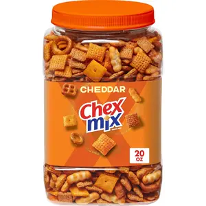 Chex Mix Cheddar Snack Mix Salty Snacks Tub 20 oz Party Favorite Crispy Corn Chex Round Pretzels Cheese Crackers Wheat Chex Square Pretzels Squiggle Breadsticks