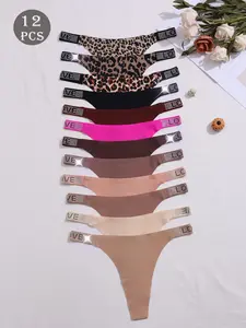 Women's Leopard Print One-Piece Thong Panties, Casual Slim-Fit Design, All-Season Comfortable Underwear, 12-Pack Packaged, Shaping Panties