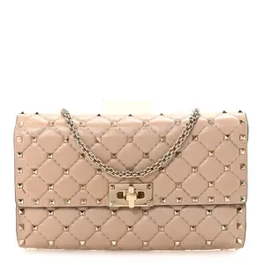 Pre-owned Leather Shoulder Bags Valentino Garavani Lambskin Rockstud Spike Wallet on Chain Poudre