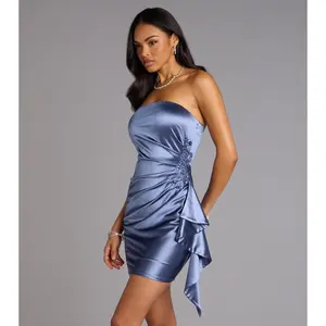 Cassey Satin Applique Ruffle Mini Dress