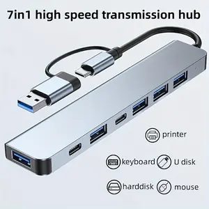 7-In-1 USB-C Multi-Functional Docking Station, USB 3.0 Port Hub Splitter & Card Reader, Universal for Computer, Tablet and Mobile Phone