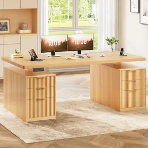 Sedeta 55-Inch Fluted Ergonomic Electric Sit-Stand Executive Desk - 6-Drawer Computer Workstation with Height Adjustability, Power Outlets, USB Ports, Monitor Shelf, Wood Storage, Rolling Wheels