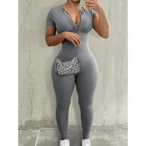 Women's round neck zipper tight fitting jumpsuit, summer casual short sleeved jumpsuit, daily wear women's clothingRAIMENTRY