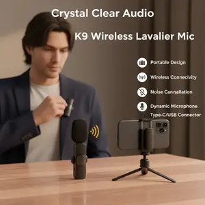 Portable Outdoor Live Streaming Recording K9 Wireless Lavalier Clip Microphone with Noise Cancelling Dynamic Microphone for Conferences Type-C or Lightning Connectors
