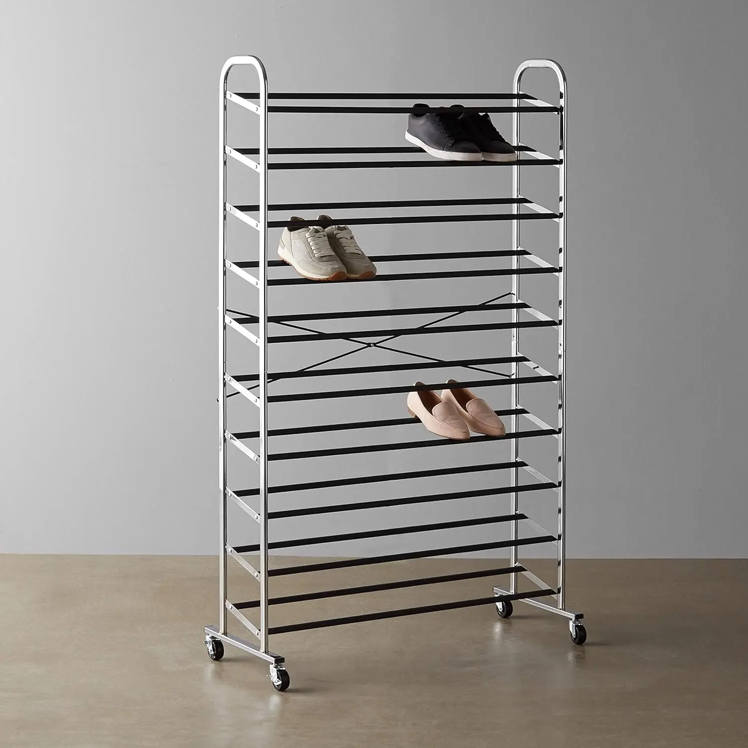 50-Pair Shoe Rack Organizer Chrome, 35.8 x 14.6 x 59.5 Inches, Ideal for Organizing Shoes