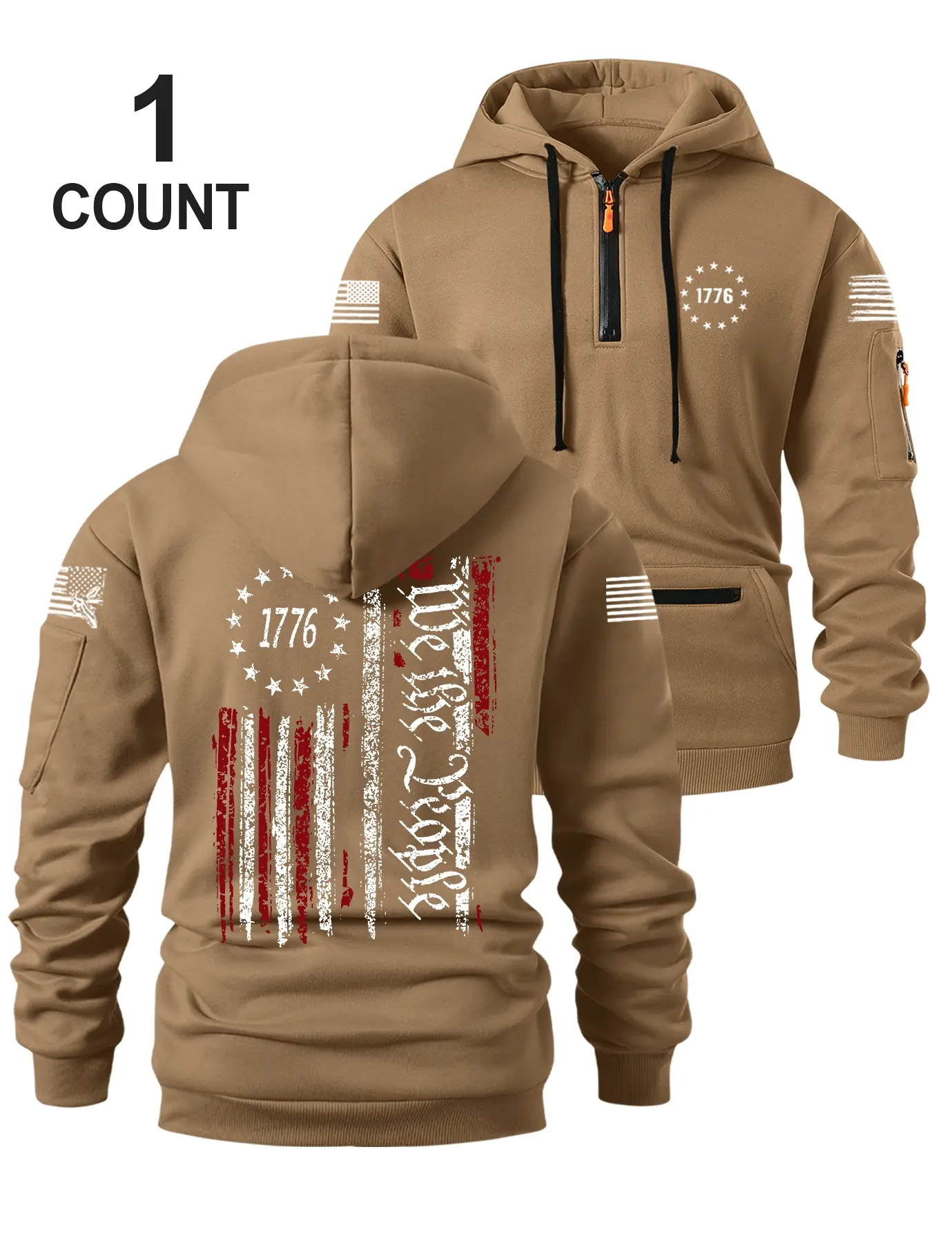 Men's Fall Winter Hooded Casual Fashion Sweatshirt, Flag Print Design, Zipper Pocket Detail, Casual Loose Fit, Perfect for Holidays & Daily Wear, Fashion Hoodies