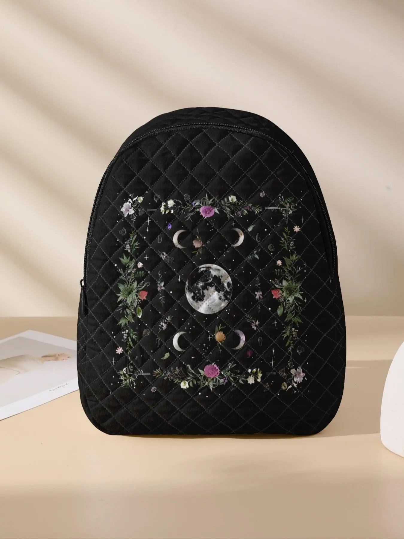 Moon Pattern Embroidered Quilted Fashion Backpack, Casual Lightweight Large Capacity Travel Backpack, Unisex Student School Bag for Daily Use