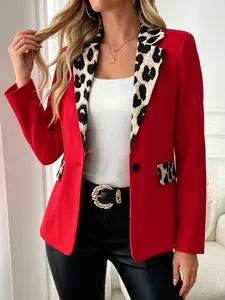 A fashionable Chic women's red leopard print lapel patchwork suit jacket, with a contrasting leopard print lapel design that is eye-catching and suitable for commuting to work, shopping, and outdoor wear
