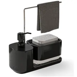 Kitchen Soap Dispenser Set with Tray and Sponge Holder, Dish and Hand Soap Dispenser with Dishcloth Holder 4-in-1 Kitchen Sink Countertop Storage Organizer, Useful Kitchen Gadgets