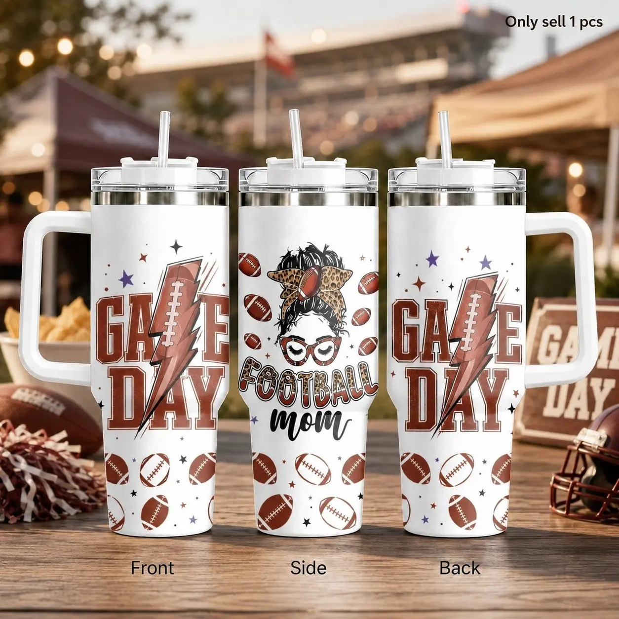 GuLuBoo Football Mom Vacuum Flasks 40oz Stainless Steel Insulated Tumbler, Leak proof Travel Mug with Straw & Handle, Portable Water Bottle Keeps Ice All Day for Coffee, Gym & Office, Fashion Drinkware Cups Ideal Gifts