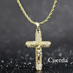 14K Real Gold Plated Men Cross Necklace, 24 Inch Tarnish-Free Rope Chain Jesus Crucifix Pendant, Christian Religious Jewelry Gift for Men