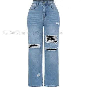 WomensHighWaistedWideLegJeansStretchyDistressedDenimPantsTrouserWideleg