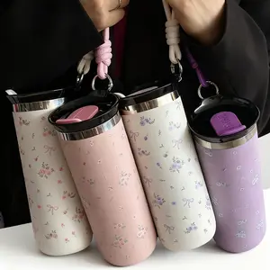 1pc 500ML Floral Bow Stainless Steel Insulated Coffee Cup, Travel Mug, Tea Cup, Water Bottle, Insulated Travel Drinkware, Ideal for Office, Home, School, Car, Gifts