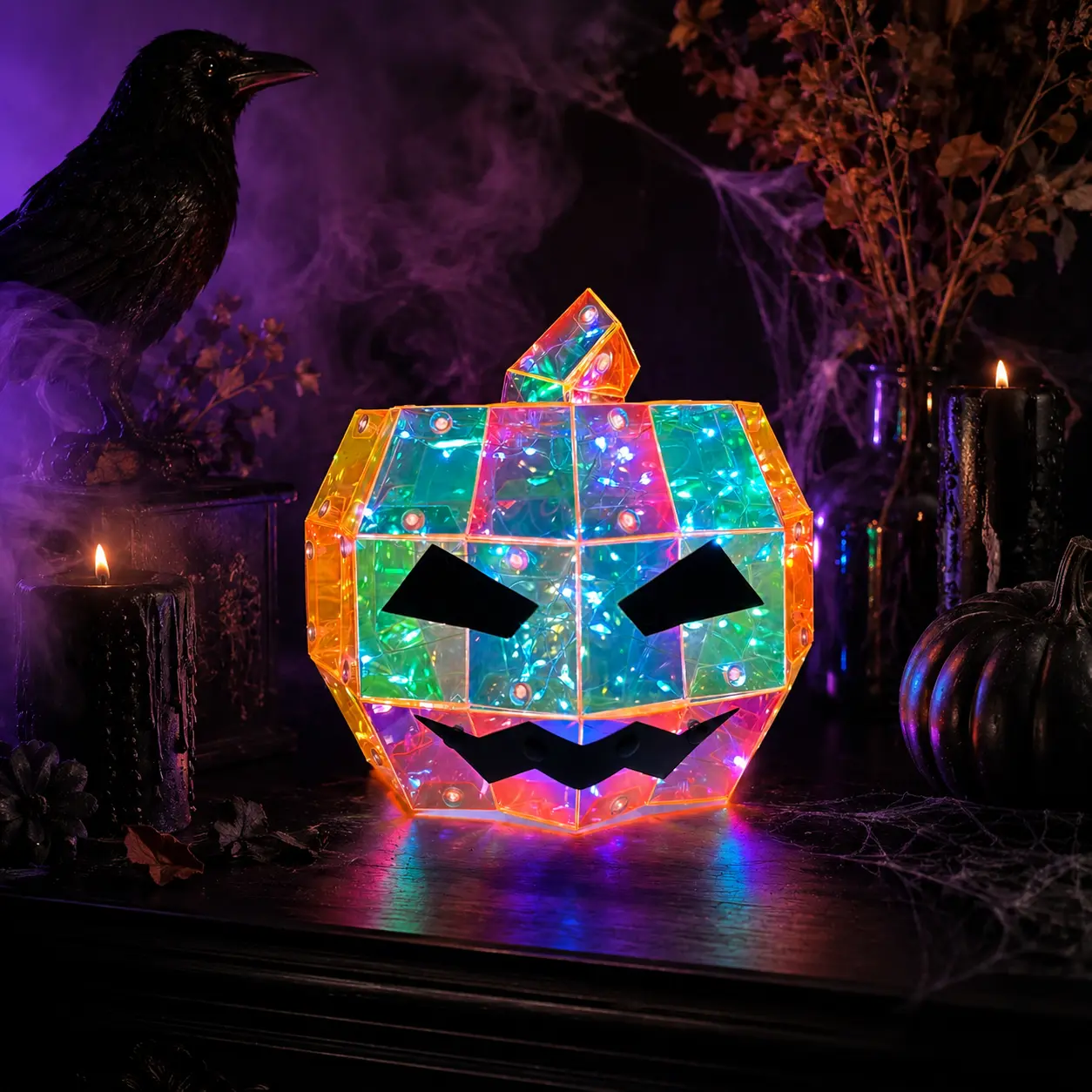 Geometric Halloween LED Prismatic Pumpkin Lanterns - Transparent, Colorful, USB/Battery-Powered Devil Light Decor, Tabletop Size, Ideal for Indoor Parties, Haunted Houses Gifts