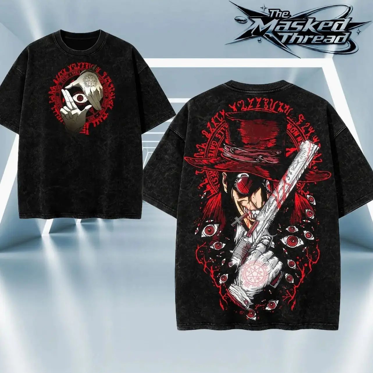 Alucard Hellsing Acid Wash T-Shirt Sweatshirt Hoodie Gothic Anime Vintage Oversized Graphic Tee Dark Fantasy Streetwear Unisex Harajuku Washed Cotton Horror Manga Vampire Gift Red Black Graphic 4ZW