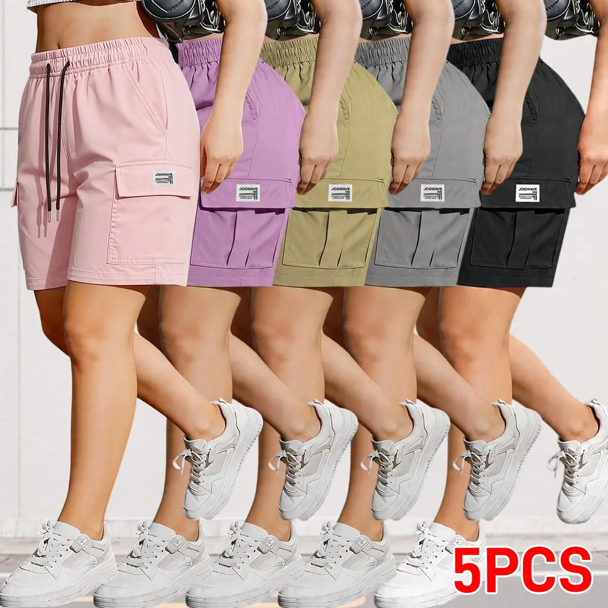 Women's Outdoor Cargo Bottoms, Pack of 5 Knee-Length Summer Shorts with Elastic Waistband, Drawstring Tie, Polyester Breathable Fabric, Multiple Pockets - Ideal for Everyday Work, Beach Vacations