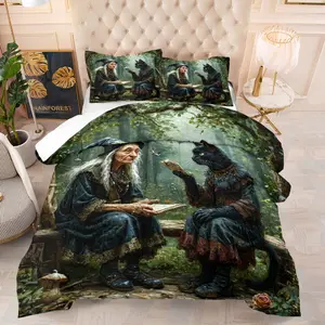 Witch cat pattern quilt, includes 1 quilt and 1 or 2 coreless pillowcases, suitable for home or dormitory decoration, very suitable as a moving gift