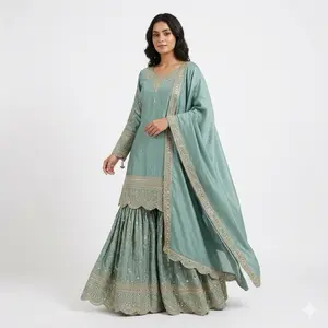 Indian Sharara for Women's - Teal Green Embroidered Dress with Matching Dupatta & Skirt Set