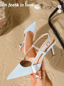 026 Summer Women's Faux Suede Pointed Toe Slingback Heels, Adjustable Buckle Kitten Heel Pumps, Lavender/Light Blue Elegant Wedding Bridal Party Date Evening Shoes Comfortable Outdoor Elegant Women's Shoes for Weddings, Bridal Events, Parties, Dates