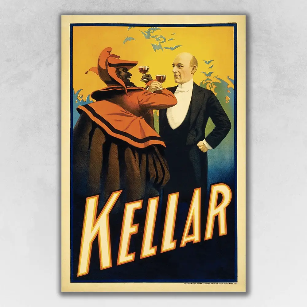 360 stand Kellar Drinks with the Devil Vintage Magic Poster Print - 12x18 in Matte Paper Spooky Graphic Print, Artistic Wall Art for Home Room Decor, Graphic Prints