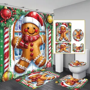 Christmas Bath Curtain Set, 1/3/4pcs Gingerbread Man Design, 71x71 Inches, Includes Background Pattern & Hooks, Festive Bathroom Decor, Shower Curtain
