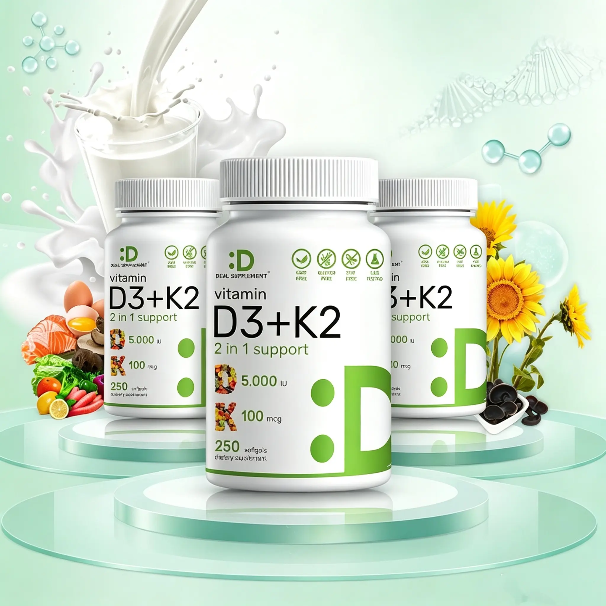 Deal Supplement Vitamin D3+K2 | Immune Support | Bone Health | 250 Veggie Softgels Healthcare Dietary
