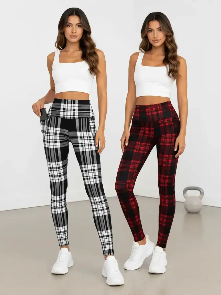 CQQNBV Women's Plaid Print High Waisted Full Length Leggings - Polyester Fits, Tummy Control, Butt Lift, Stretchy Breathable Fabric, Deep Pockets, Multi-Size, Versatile Colors - for Gym Yoga, Casual Womenswear Bottom ,athleisure fitness pant