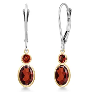 Gem Stone King 14K Two Tone Gold Red Garnet Dangle Earrings for Women | 2.04 Cttw | Gemstone January Birthstone | Oval 7X5MM