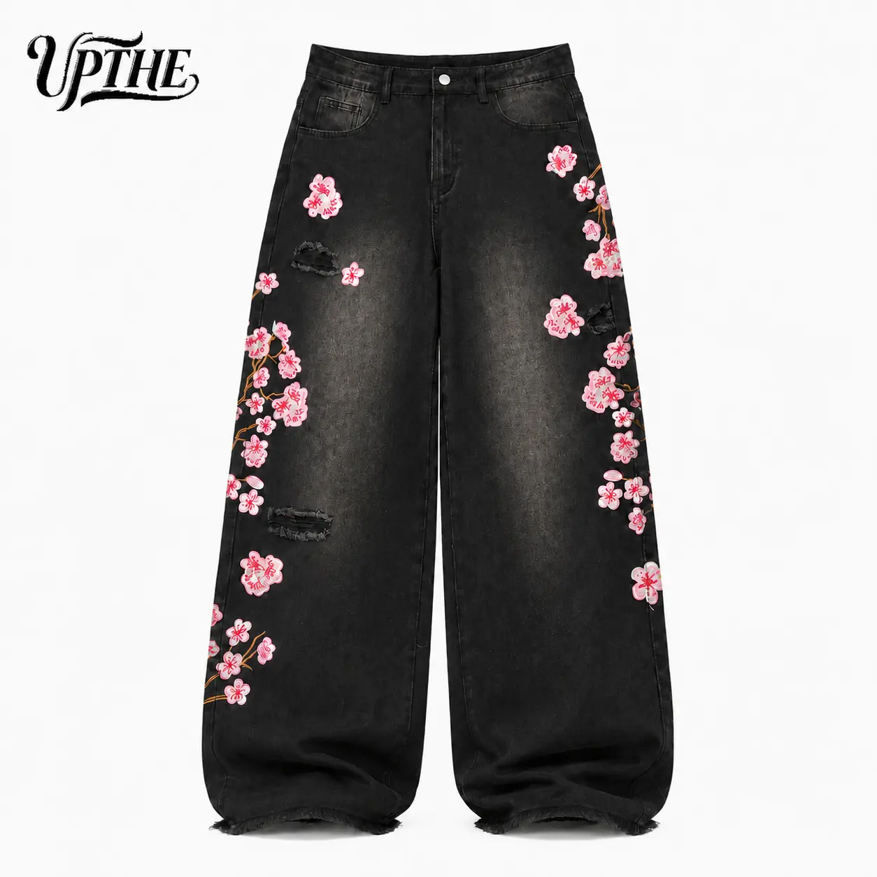 UP.THE Men's Classic Plum Blossom Embroidered Wide Leg Jeans, Distressed Raw Hem, Casual Vibe Y2K Streetwear Skate Baggy Loose-Fit Menswear Jeans Pants Denim
