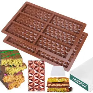 2PCS Chocolate Bar Mold - Deep Pistachio Knafeh Chocolate Bar, Thick Silicone Tray, Diamond Candy Mould with 100PCS Clear Bags & Chocolate Scraper outdoorfun