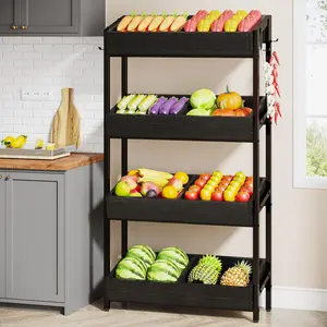 Tribesigns Wood Fruit and Vegetable Basket Stand Rack for Kitchen, Office, Store, Supremarket, Pantry Shelf Unit for Snacks, 4-Tier Wooden Utility Storage Shelves, Brown/Black, 1PCS Organiser
