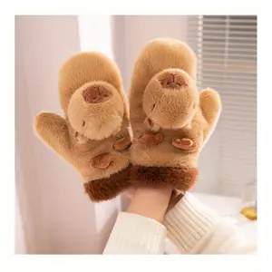 Women's Capybara Plush Winter - Five-Finger Warm Capybara-Shaped Hand Cover with Capybara Paw Pads, Soft Fur-Like Texture, Non-Elastic Snug Fit for Skiing, Snow & Cold Weather, Cute Animal-Themed Christmas Gift (Hand Washable), Winter Outfi
