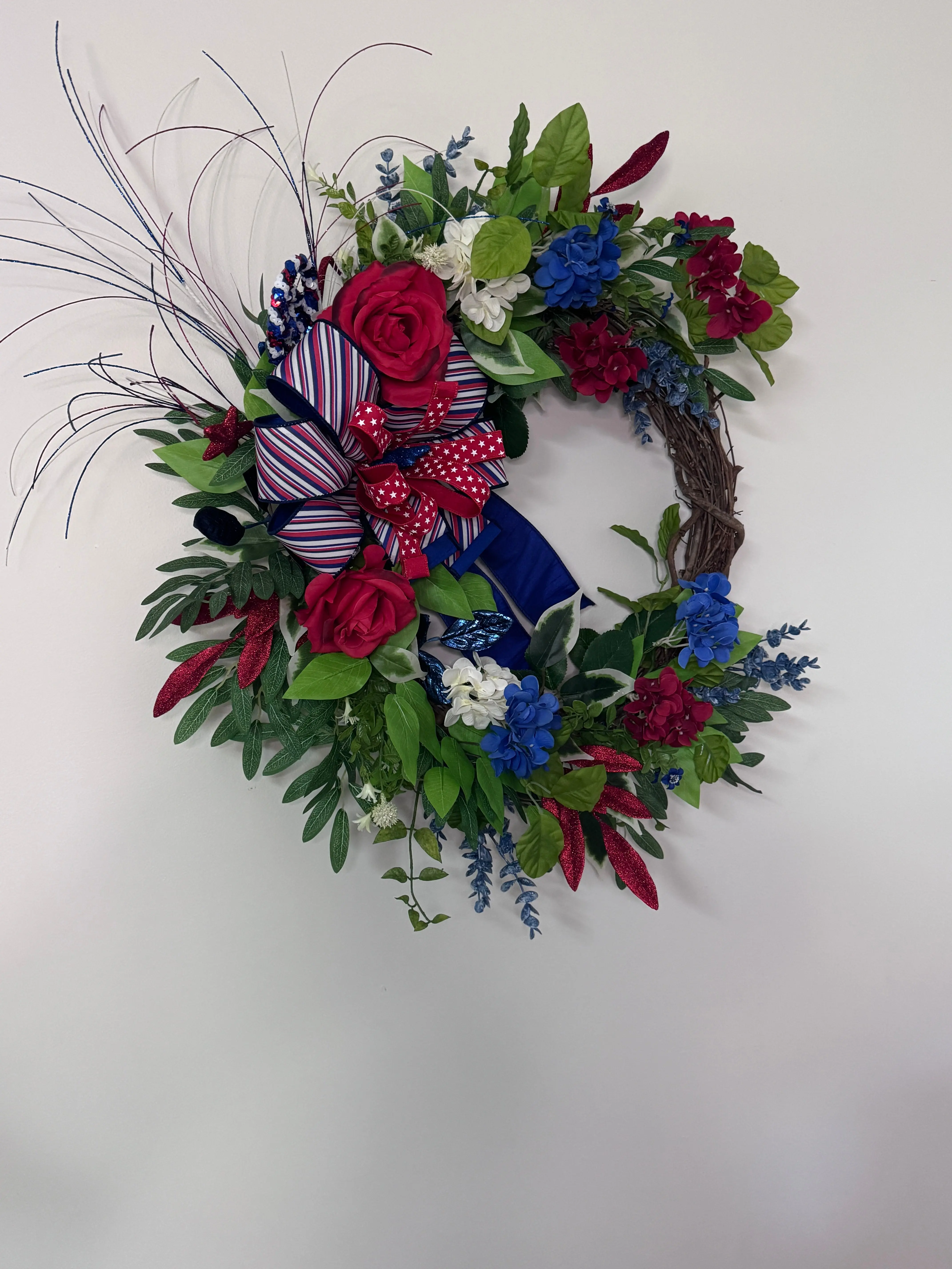 Patriotic Grapevine Wreath | Americana Floral Front Door Decor | Red White and Blue Summer Wreath
