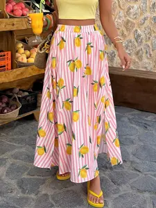2026 Summer New Lemon Print Striped High Waist A-Line Long Skirt, Loose-Fitting, Breathable, Casual, All Seasons