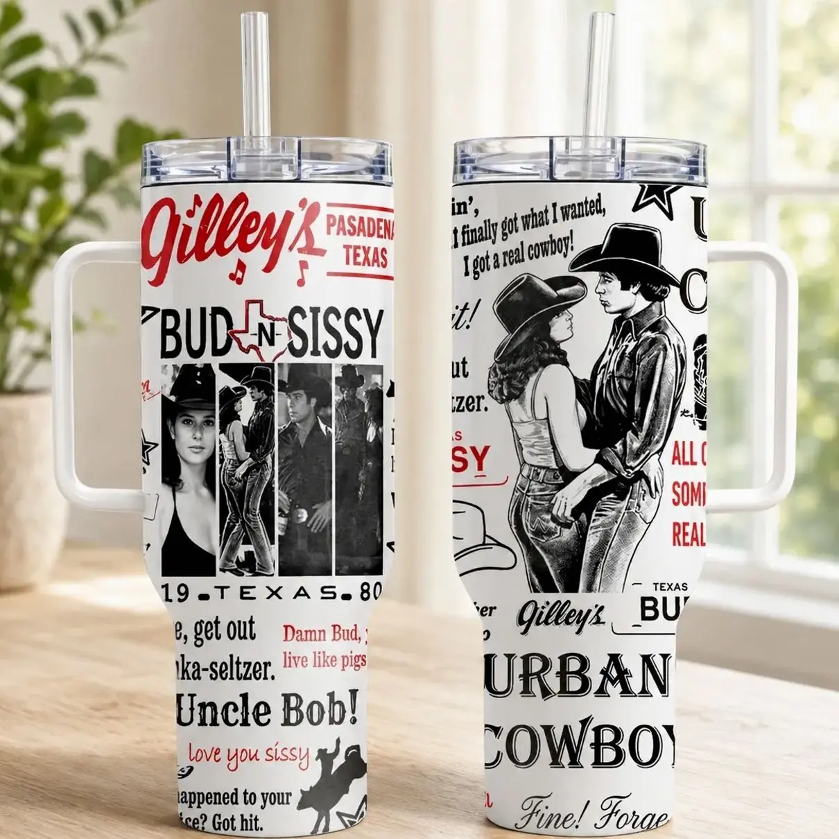 Urban Cowboy Inspired Tumbler 40oz 30oz, Bud And Sissy Western Movie Fan Cup, Gilley’s Pasadena Texas Country Romance Drinkware, Cowgirl Gift, Not Including The Straw Water Bottles