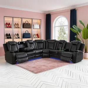 Luxury Sofa Black Breathing Leather 3-Piece Living Room Recliner Sofa